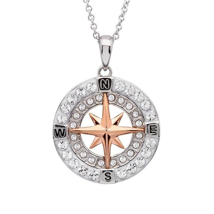 Sterling Silver and Rose Gold Compass Pendant with Swarovski Crystals and Chain - OC174 - CladdaghRING.com