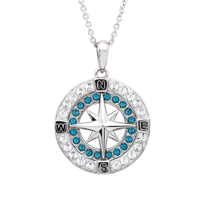 Sterling Silver Blue Compass Pendant with Aqua Swarovski Crystals and Chain - OC175 - CladdaghRING.com