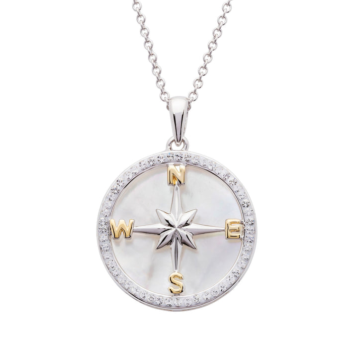 Sterling Silver Mother of Pearl Compass Pendant with Swarovski Crystals and Chain - OC265 - CladdaghRING.com