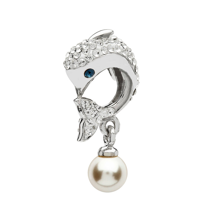 Sterling Silver Dolphin Bead with White Swarovski Crystals and Dangle Pearl - OC58 - CladdaghRING.com