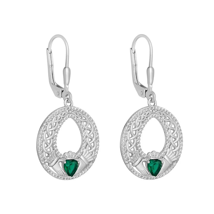 Sterling Silver CZ Celtic Claddagh Drop Earrings - S34387 - CladdaghRING.com