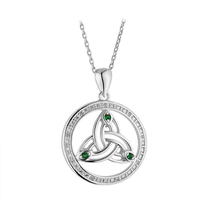 Sterling Silver Circle Trinity Knot Pendant with Green CZ Stones and Chain - S46799 - CladdaghRING.com