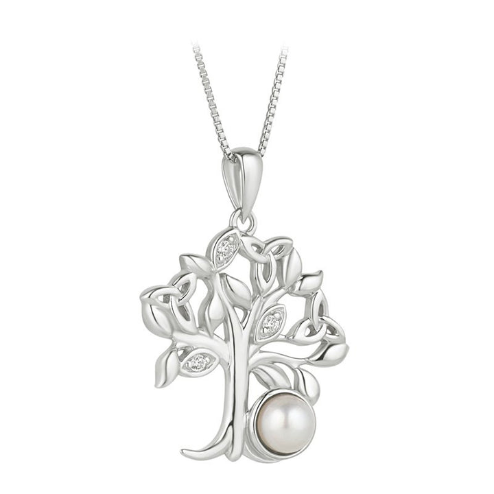 Sterling Silver Freshwater Pearl Trinity Knot Tree of Life Pendant with Chain - S47061 - CladdaghRING.com