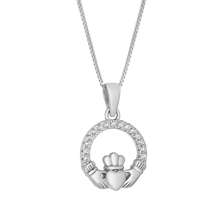 Sterling Silver CZ Small Round Claddagh Pendant with Chain – S47359 - CladdaghRING.com