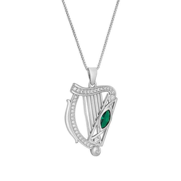 Sterling Silver CZ Celtic Irish Harp Pendant with Chain - S47366 - CladdaghRING.com
