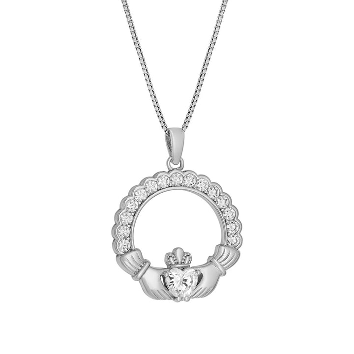Sterling Silver CZ Round Claddagh Pendant with Chain – S47367 - CladdaghRING.com