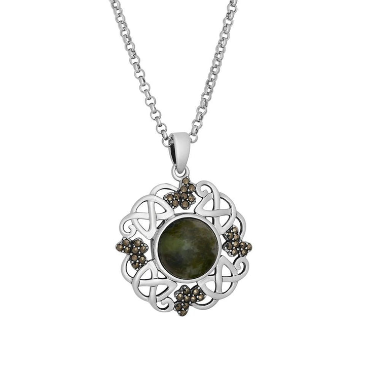 Sterling Silver Connemara Marble and Marcasite Celtic Knot Pendant with Chain - S47377 - CladdaghRING.com