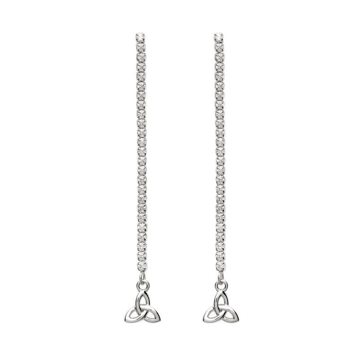Sterling Silver CZ Long Drop Trinity Knot Earrings SE2243 - CladdaghRING.com
