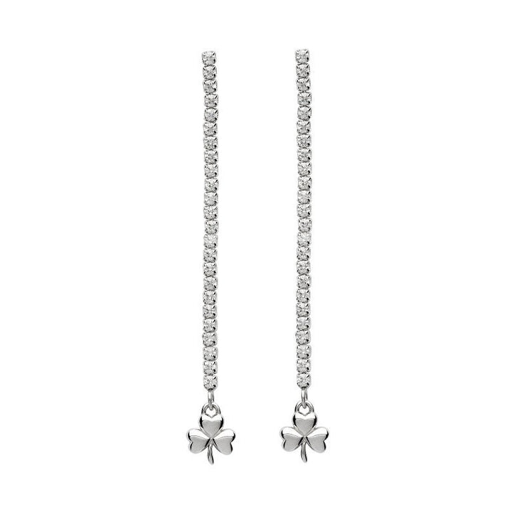 Sterling Silver CZ Long Drop Shamrock Earrings SE2244 - CladdaghRING.com
