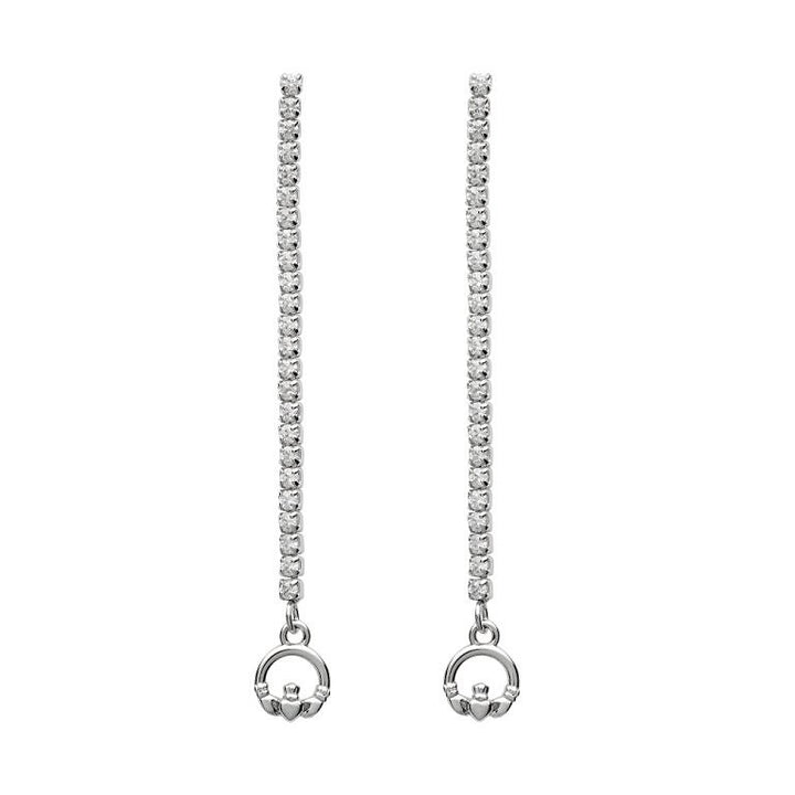 Sterling Silver CZ Long Drop Claddagh Earrings SE2245 - CladdaghRING.com