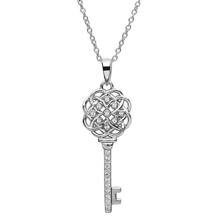 Sterling Silver Celtic Knot Key Pendant Encrusted with White Crystals and Chain SW104 - CladdaghRING.com
