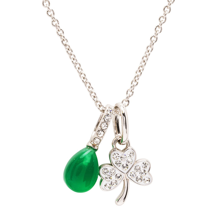 Sterling Silver Crystal and Green Agate Shamrock Pendant with Chain - SW246 - CladdaghRING.com