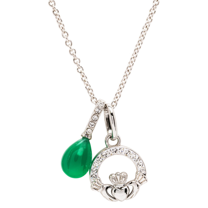 Sterling Silver Crystal and Green Agate Claddagh Pendant with Chain - SW242 - CladdaghRING.com