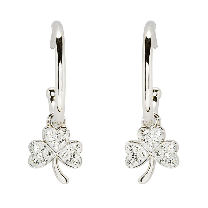Sterling Silver Shamrock Hoop Earrings Adorned By Crystals SW247 - CladdaghRING.com