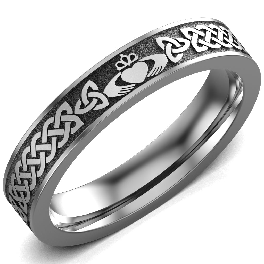 Claddagh Wedding Ring Titanium, Comfort Fit, 4 mm wide, FLAT. Best