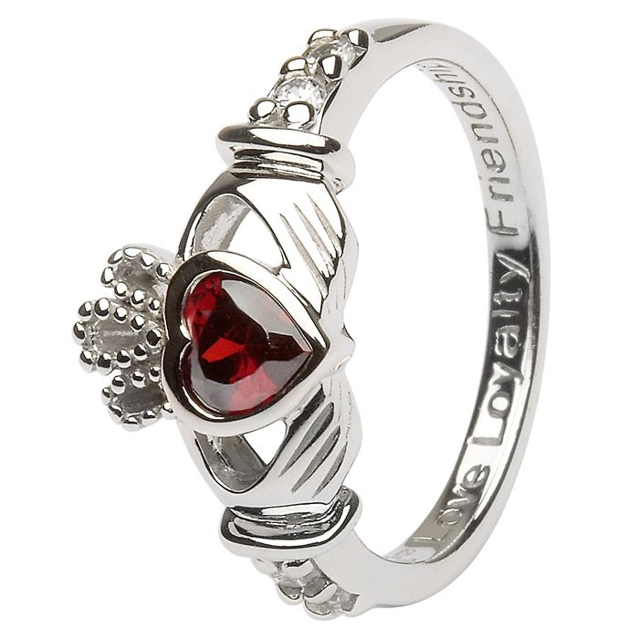 JANUARY Birthstone Silver Claddagh Ring LS-SL90-1 Inscribed with "Love Loyalty Friendship" - 1-CladdaghRING.com