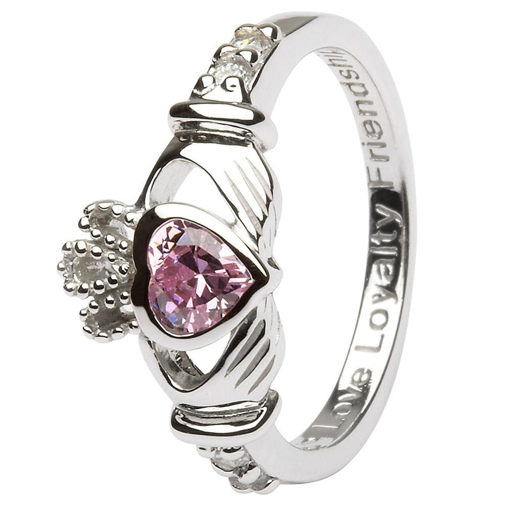 OCTOBER Birthstone Silver Claddagh Ring LS-SL90-10 Inscribed with "Love Loyalty Friendship" - Claddagh Ring