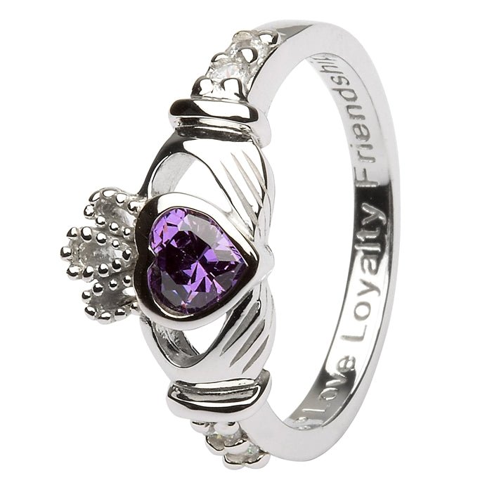 FEBRUARY Birthstone Silver Claddagh Ring LS-SL90-2 Inscribed with "Love Loyalty Friendship" - Claddagh Ring