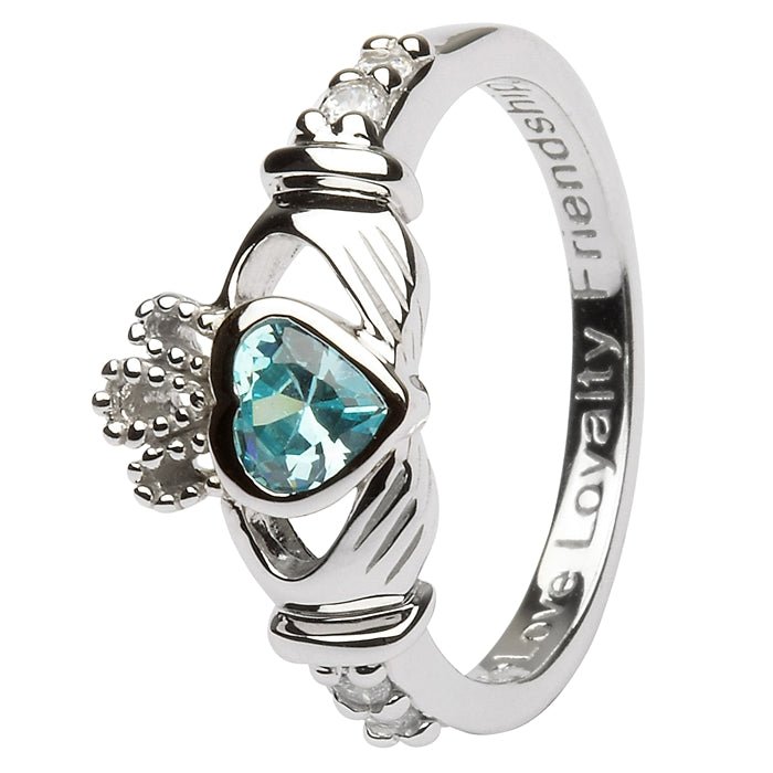 MARCH Birthstone Silver Claddagh Ring LS-SL90-3 Inscribed with "Love Loyalty Friendship" - Claddagh Ring