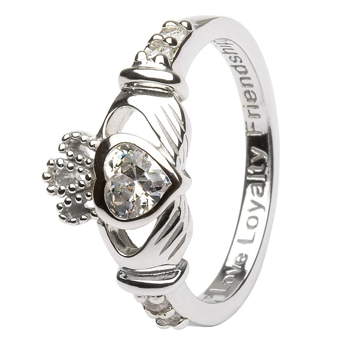 APRIL Birthstone Silver Claddagh Ring LS-SL90-4 Inscribed "Love Loyalty Friendship" - Claddagh Ring