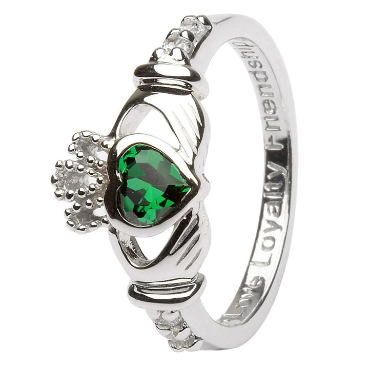 MAY Birthstone Silver Claddagh Ring LS-SL90-5 Inscribed with "Love Loyalty Friendship" - CladdaghRING.com-1