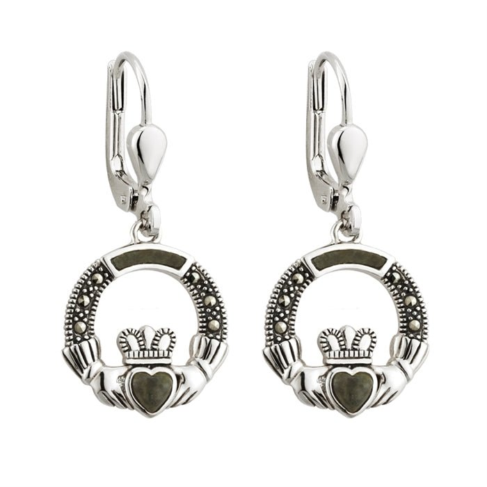 Sterling Silver Claddagh Earrings with Connemara Marble and Marcasite S33558 - Claddagh Ring