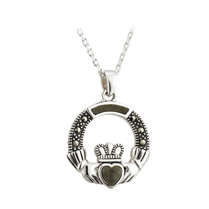 Sterling Silver Claddagh Pendant with Connemara Marble and Marcasite S45475 - Claddagh Ring