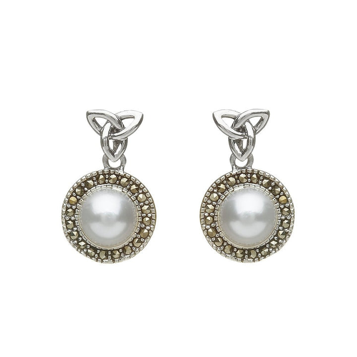 Sterling Silver Marcasite Trinity Fresh Water Pearl Earrings - ANU2081 - Claddagh Ring
