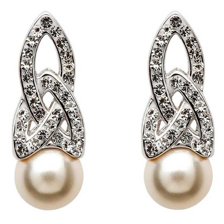 Sterling Silver Celtic Pearl Earrings Adorned By Swarovski Crystals SW25 - Claddagh Ring