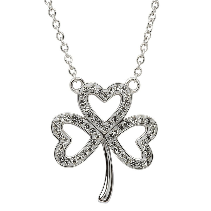 Sterling Silver Shamrock Necklace Embellished with White Swarovski Crystals SW50 - Claddagh Ring