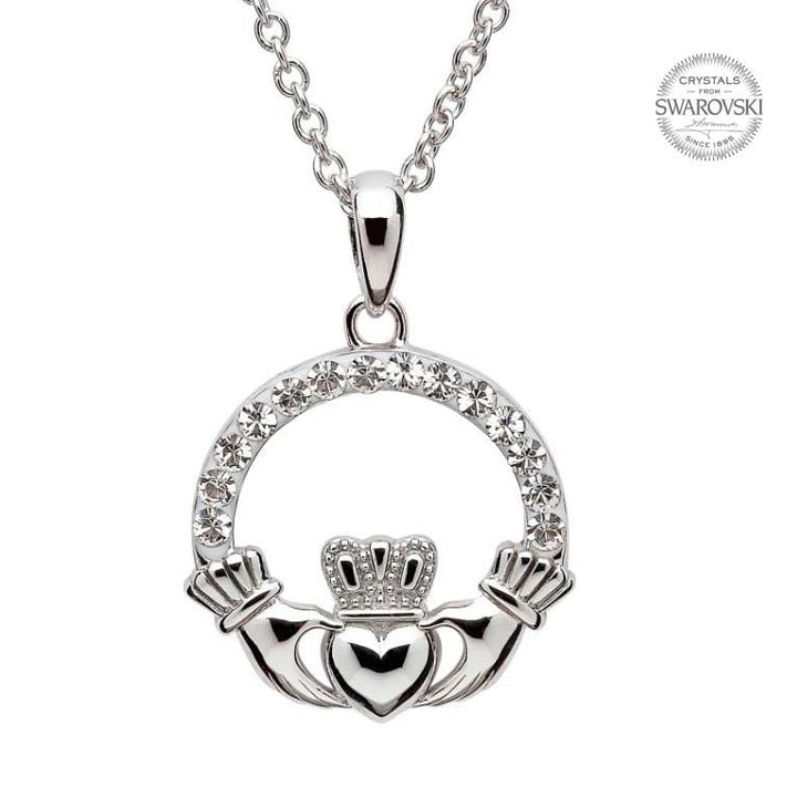 Sterling Silver Claddagh Pendant Embellished with White Swarovski Crystals SW1 - Claddagh Ring