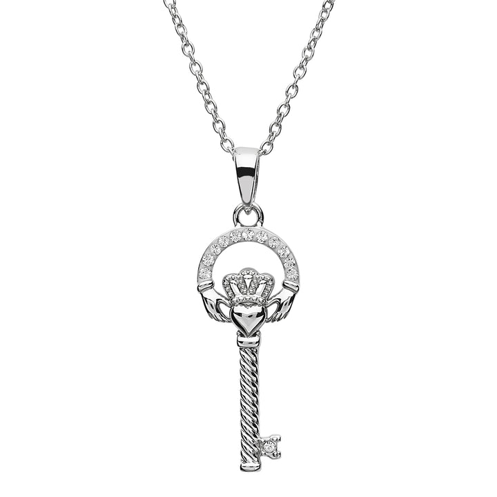 Sterling Silver Claddagh Key Pendant with Chain Embellished with White Swarovski Crystals SW103 - Claddagh Ring