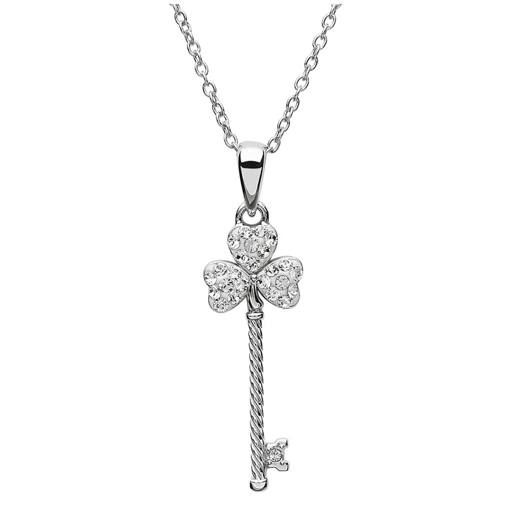 Sterling Silver Shamrock Key Pendant with Chain Encrusted With Swarovski Crystal SW105 - Claddagh Ring
