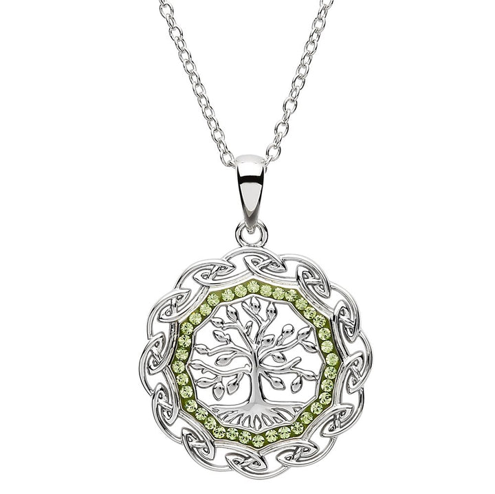 Sterling Silver Tree Of Life Pendant and Chain Embellished With Peridot Swarovski Crystals SW110