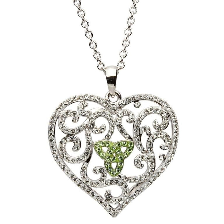 Sterling Silver Heart Trinity Pendant Encrusted With Green and White Swarovski Crystals SW55 - Claddagh Ring