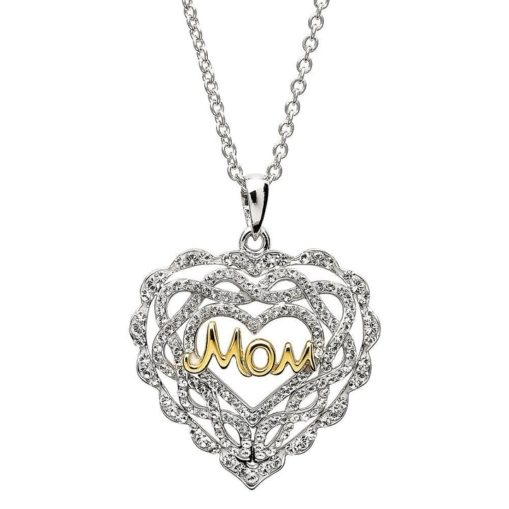 Sterling Silver Heart "Mom" Pendant Encrusted With White Swarovski Crystals SW56 - Claddagh Ring