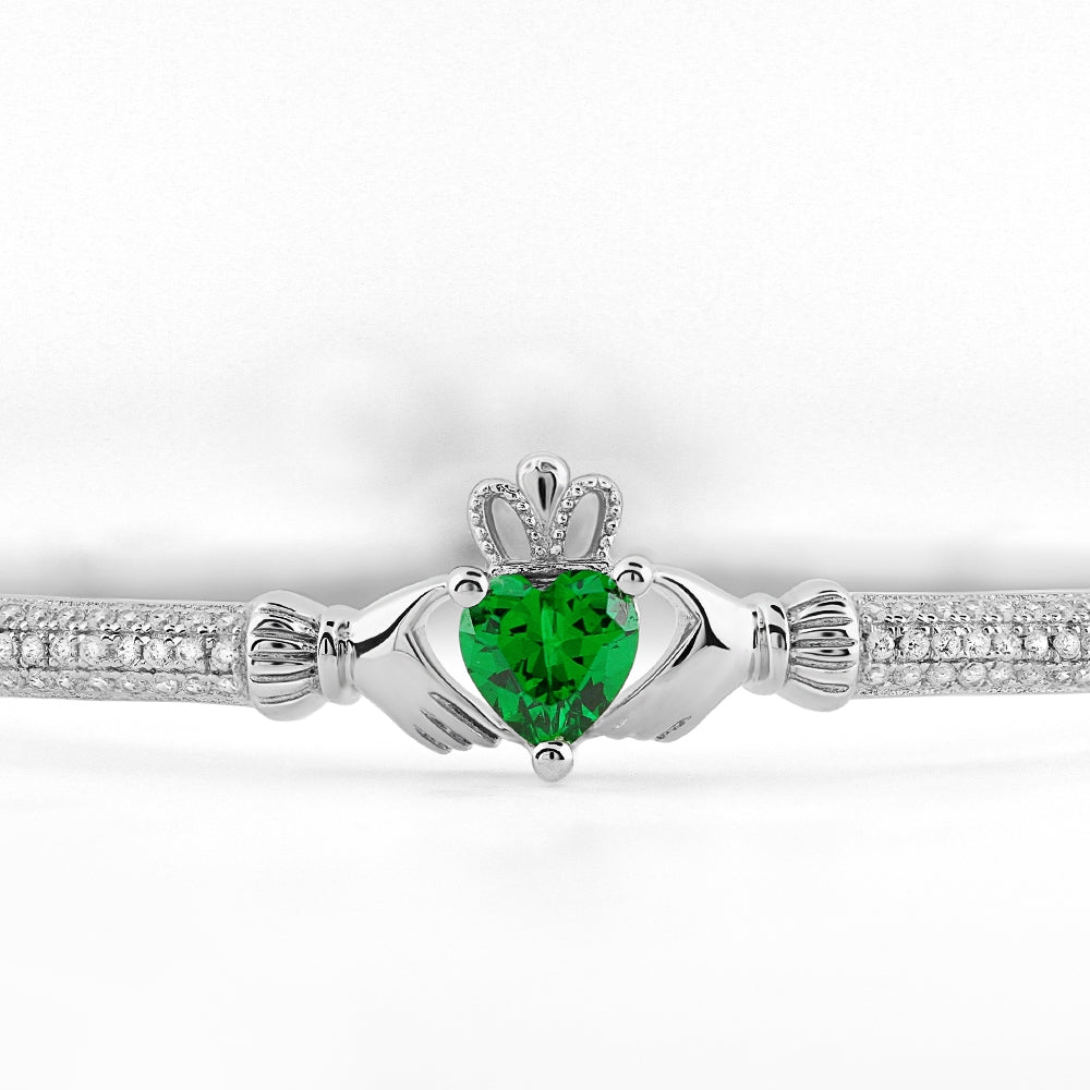 Sterling Silver Claddagh Bracelet with White and Green CZs SBS5890