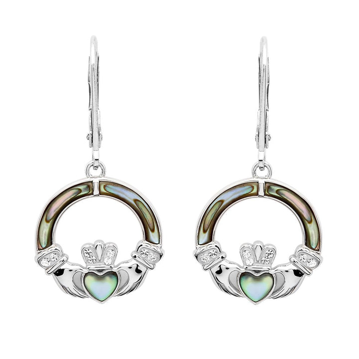 Sterling Silver Claddagh Drop Earrings with Abalone and Swarovski Crystals SW202 - Claddagh Ring