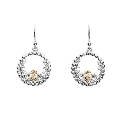 Tara's Diary Sterling Silver Trinity Princess CZ Earrings with Rose Gold Heart - TD237 - Claddagh Ring