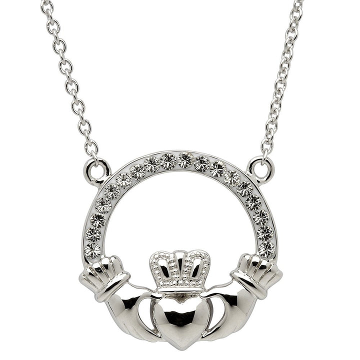 Sterling Silver Claddagh Necklace Embellished with White Swarovski Crystals SW46 - Claddagh Ring