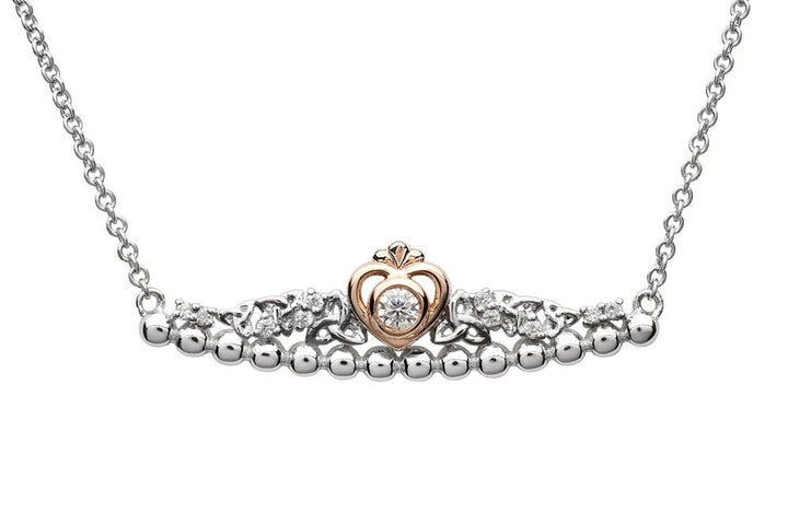 Tara's Diary Sterling Silver Trinity Princess CZ Necklace with Rose Gold Heart - TD236 - Claddagh Ring