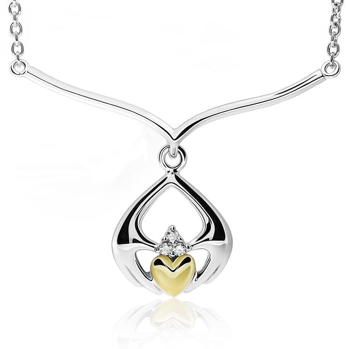 Sterling Silver and 14K Gold Mix - Diamond Claddagh Necklace UPS-6170 - Claddagh Ring