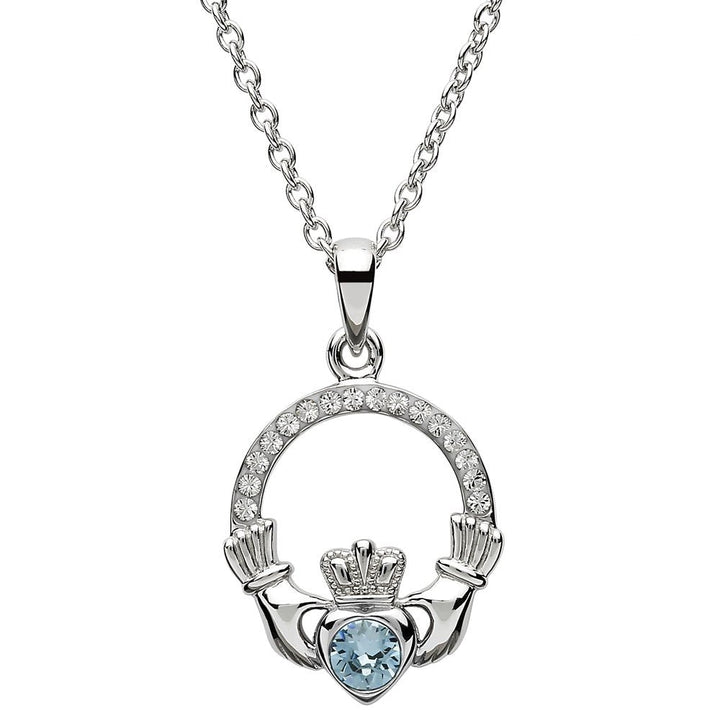 Sterling Silver Claddagh Birthstone March Pendant with Swarovski Crystals - SW101AQ - Claddagh Ring