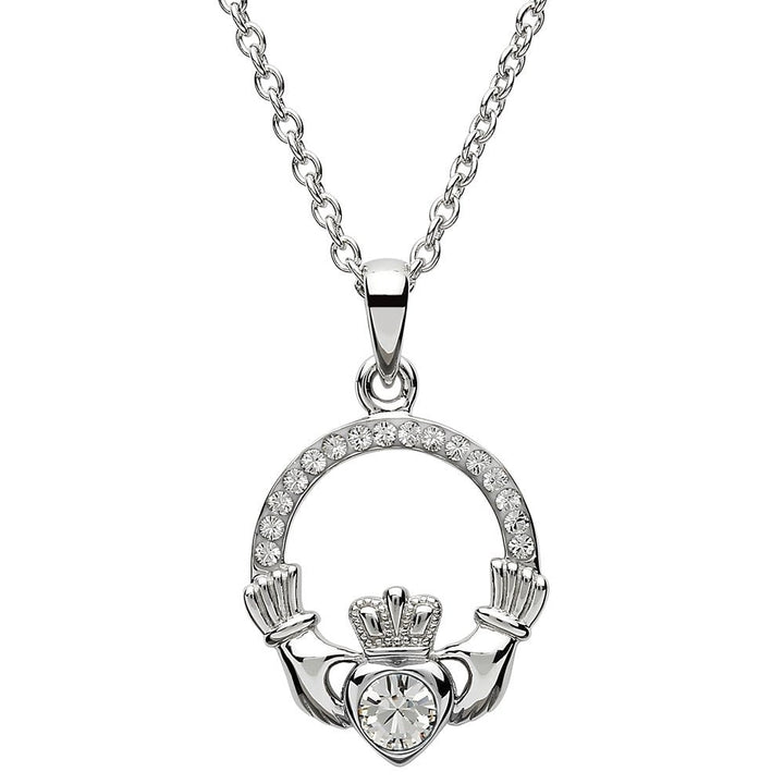 Sterling Silver Claddagh Birthstone April Pendant with Swarovski Crystals - SW101WH - Claddagh Ring