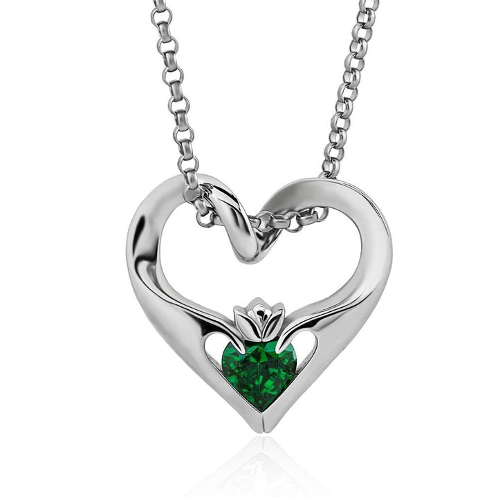 Sterling Silver Green CZ UPS-16435GR w/Chain Ladies Modern Floating Claddagh Pendant - Claddagh Ring