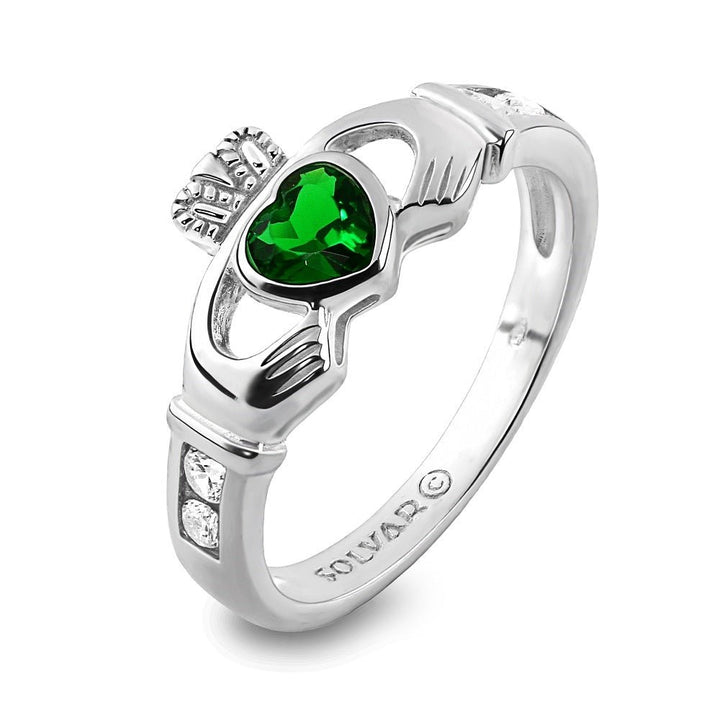 Claddagh Ring S-S2594 Ladies Sterling Silver with Green and White CZs - Claddagh Ring