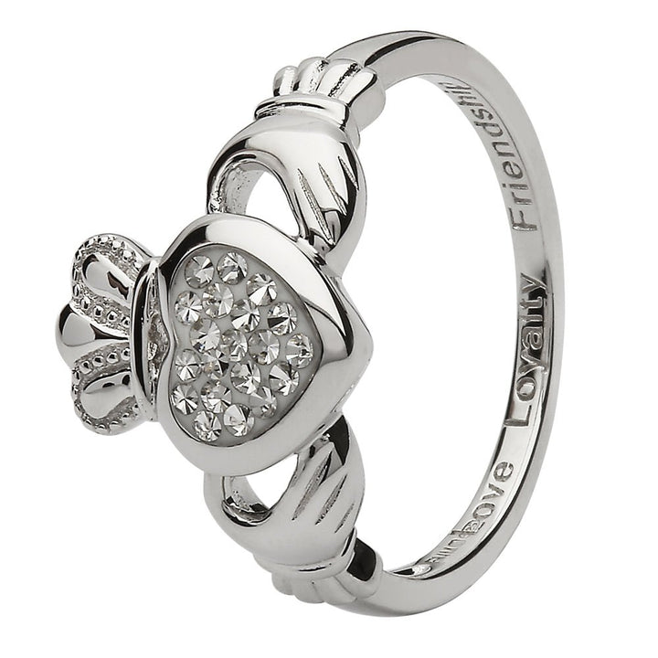 Ladies Silver White Swarovski Crystal Claddagh Ring SL-SW85 - Claddagh Ring