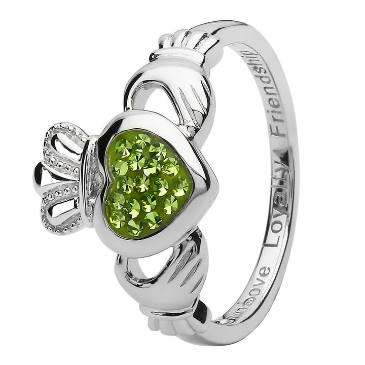 Ladies Silver Peridot Swarovski Crystal Claddagh Ring SL-SW86 - Claddagh Ring
