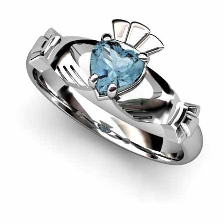 Aqua Marine White Gold Claddagh Ring <font color="#FF0000"> IN STOCK! Ships in 48 Hours!</font> - Claddagh Ring