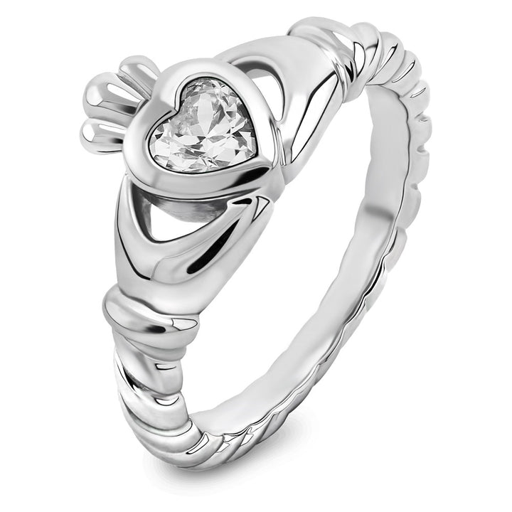 Sterling Silver Twisted Shank White CZ ULS-16424CZ Claddagh Ring - Claddagh Ring